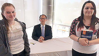 PTECH students Aislynn Ward (left) and Jasmine Tate meet 2014 Nobel Prize winner Shuji Nakumura at GlobalFoundries’ Fab 8 facility in Malta.