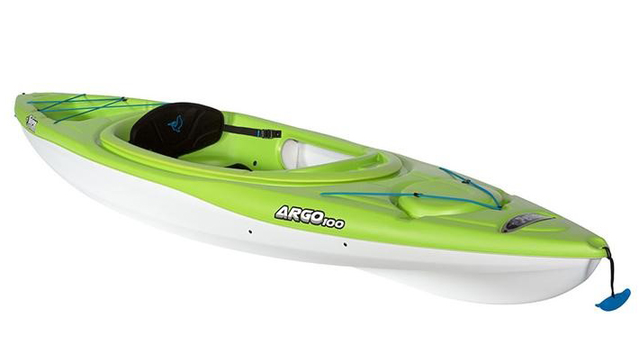 A kayak with a lime top and white bottom