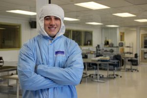 Nick Suits wearing a "bunny suit" for the clean room