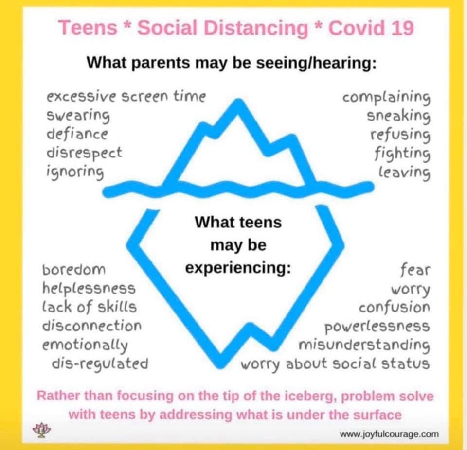 Teens, Social Distancing, COVID 19. What parents may be seeing/hearing: excessive screen time, swearing, defiance, disrespect, ignoring, complaining, sneaking, refusing, fighting, leaving. What teens may be experiencing: boredom, helplessness, lack of skills, disconnection, emotionally dis-regulated, fear, worry, confusion, powerlessness, misunderstaning, worry about social status. Rather than focusing on the tip of the iceberg, problem solve with teens by addressing what is under the surface. 