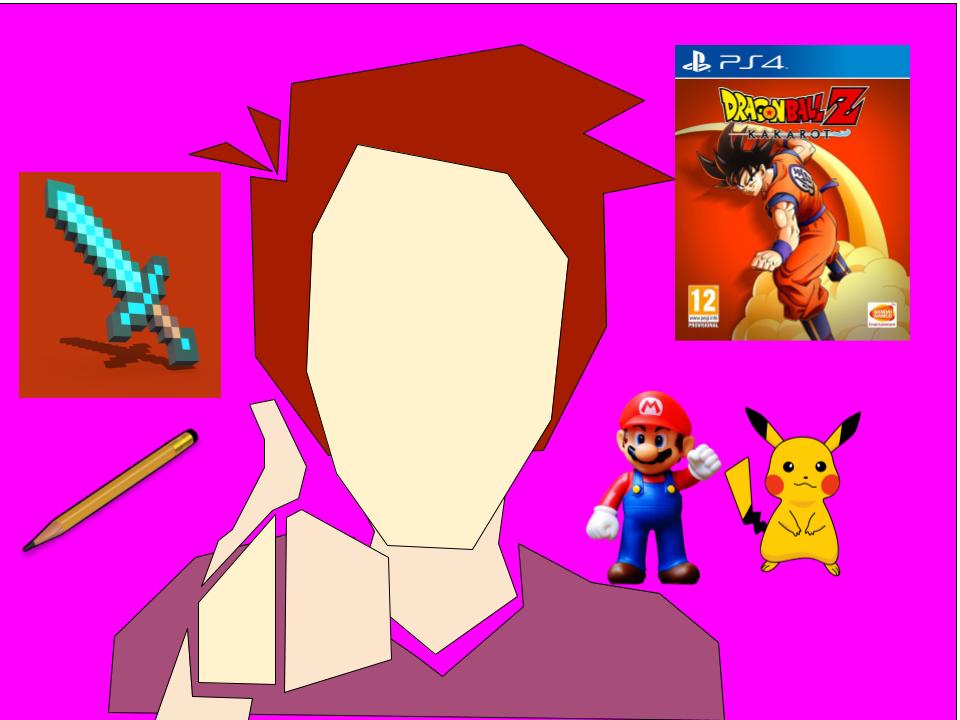 art work of a self portrait of Sean giving the thumbs up featuring a sword, a pencil, pikachu, Super Mario and a PS4 game