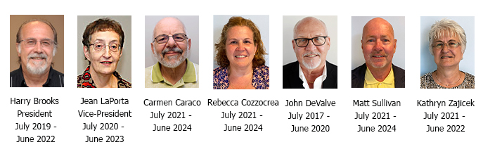 Harry Brooks, President, July 2019 to June 2022; Jean LaPorta, Vice-President, July 2020 to June 2023; Carmen Caraco, July 2021 to June 2024; Rebecca Cozzocrea, July 2021 to June 2024; John DeValve July 2017 to June 2020; Matt Sullivan July 2021 to June 2024; Kathryn Zajicek July 2021 to June 2022.