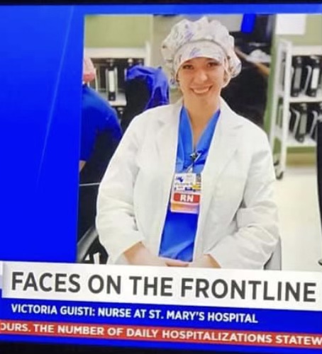 A screen shot from a local TV newscast featuring Victoria as one of the Faces on the Frontline during the pandemic