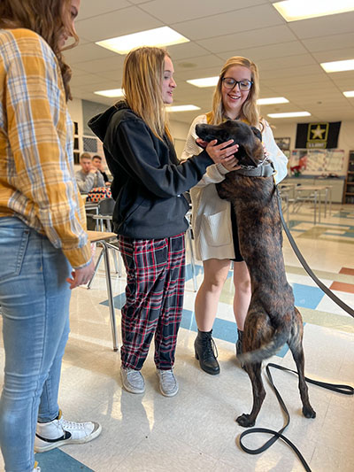 Three students interact with a friendly police K9, standing on its hind legs