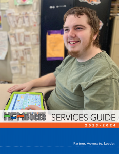 Cover page of 2023-24 Services Guide with a photo of a smiling student holding an ipad.