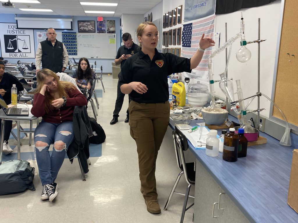 20189 CTE alum Karlie Foster speaks to students about her duties as a member of the Civil Support Team.