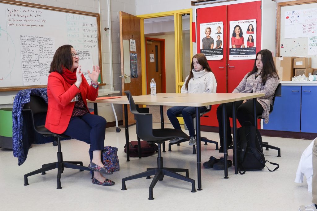 Kara Ulasewicz Travis of Mountain Valley Hospice & Palliative Care speaks with students during a Workplace Wednesday event.