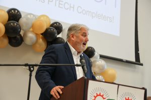 HFM District Superintendent Dr. David Ziskin says a few words to the program completers at the 6th annual HFM PTECH Completion Ceremony.