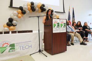 Ashley Capobianco of Townsend Leather delivers her speech during the 6th annual HFM PTECH Completion Ceremony.