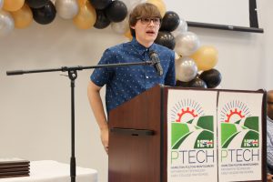Aidan David delivers shares some advice with his fellow classmates during the 6th annual HFM PTECH Completion Ceremony.