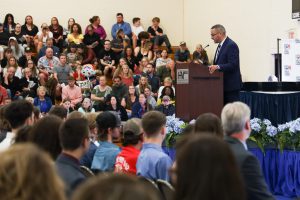 CTE Principal Mike DiMezza addresses the crowd during the annual CTE commencement ceremony.