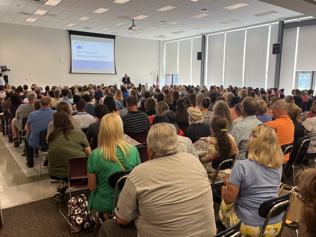 HFM BOCES District Superintendent Dr. David Ziskin speaks to a crowd during the HFM Opening Day activities.