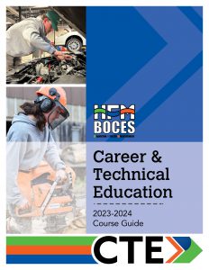 Image is the cover of the HFM Career & Technical Education 2023-2024 Course Guide. Top photo is a student enrolled in the Auto Technology program working on a vehicle's engine. The bottom photo is a student enrolled in the Environmental Conservation program, kneeling down cutting a piece of lumber with a saw and wearing the appropriate safety equipment.