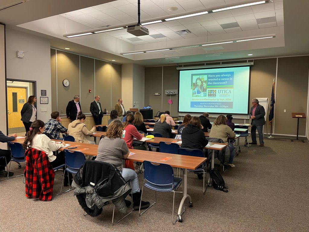 Participants listen in on a presentation about the new Teacher Apprenticeship Program. The program is a partnership between HFM BOCES and Utica University which fast tracks a teacher certification.