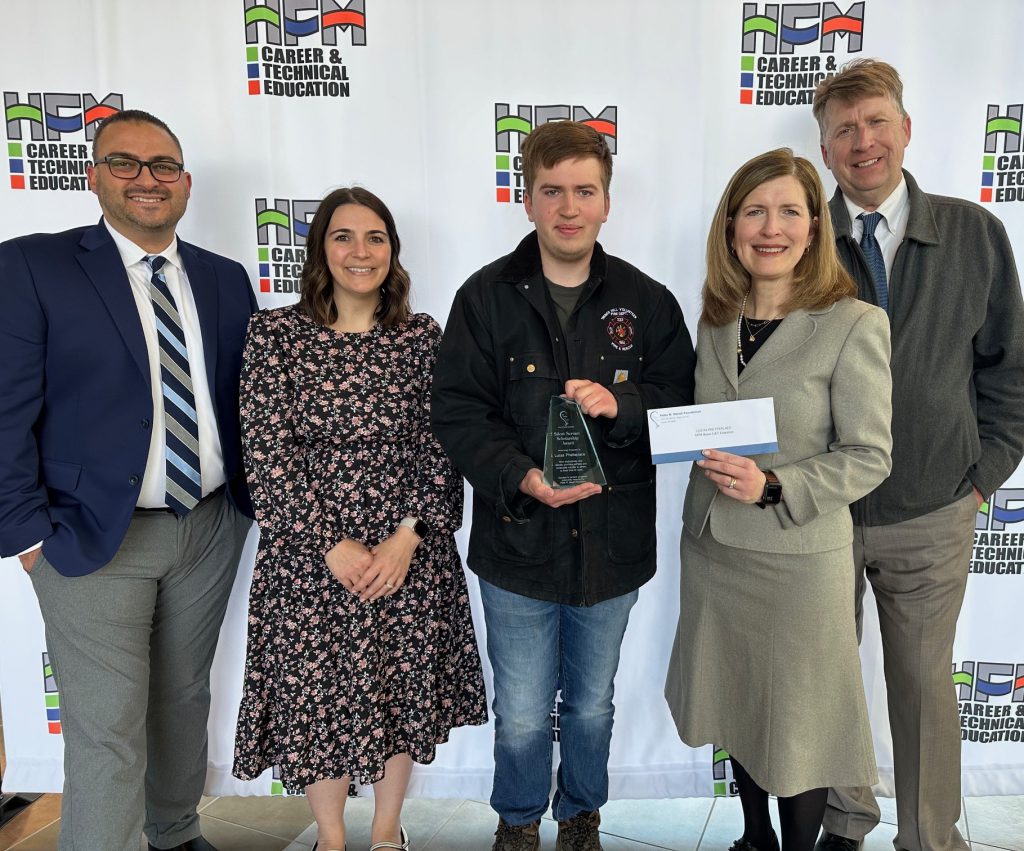 HFM Career & Technical Education and Amsterdam High School senior Lucas Phetteplace (center) was recently selected by the Peter R. Marsh Foundation as a recipient of this year’s Silent Servant Scholarship Award for his dedication to voluntarily serving his community. Pictured with Phetteplace is (left to right) HFM CTE Principal Michael DiMezza, HFM CTE Administrative Coordinator Kristina Marshall, Lucas Phetteplace, and Phetteplace’s parents Deborah Slezak and Brent Phetteplace. 